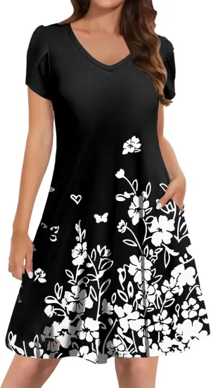Women's Summer Casual Short Sleeve V Neck Dress 2025 Floral Graphic Dresses Boho Beach Cute Sundress with Pockets