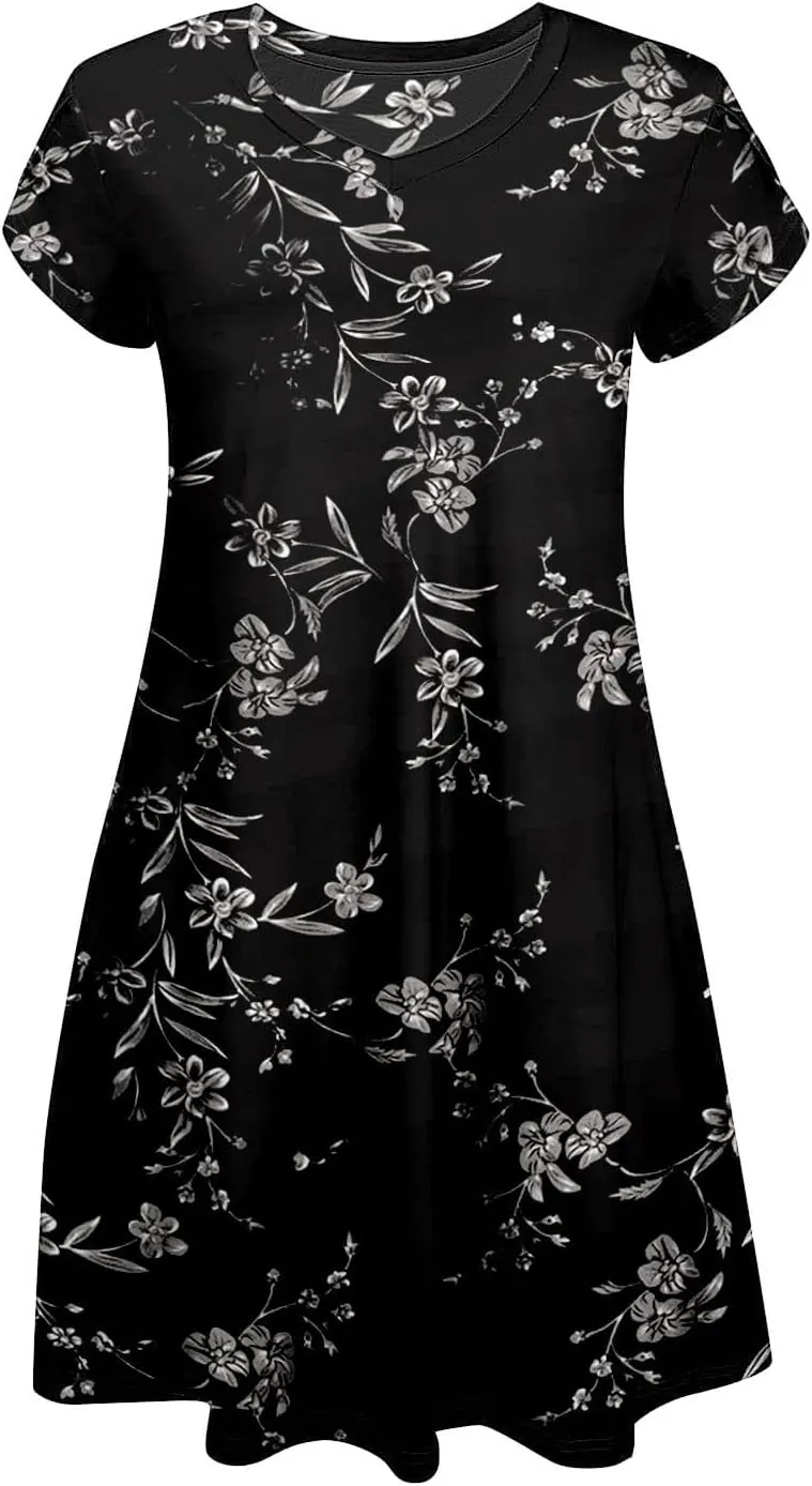 Women's Summer Casual Short Sleeve V Neck Dress 2025 Floral Graphic Dresses Boho Beach Cute Sundress with Pockets