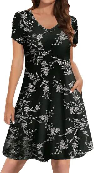 Women's Summer Casual Short Sleeve V Neck Dress 2025 Floral Graphic Dresses Boho Beach Cute Sundress with Pockets