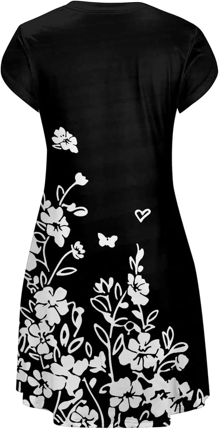 Women's Summer Casual Short Sleeve V Neck Dress 2025 Floral Graphic Dresses Boho Beach Cute Sundress with Pockets