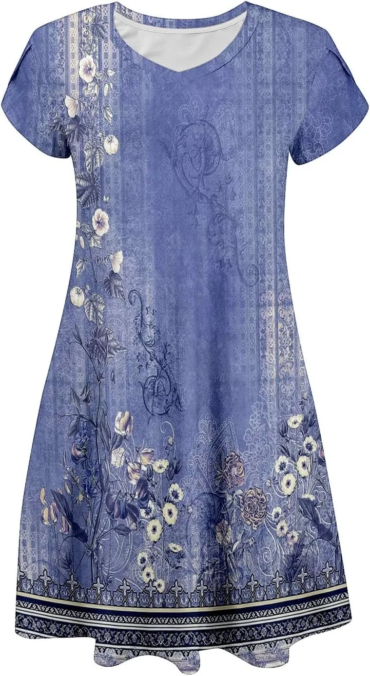 Women's Summer Casual V Neck Dress with Pocket Cute Short Sleeve Floral Graphic A-line Sundress Midi Dresses
