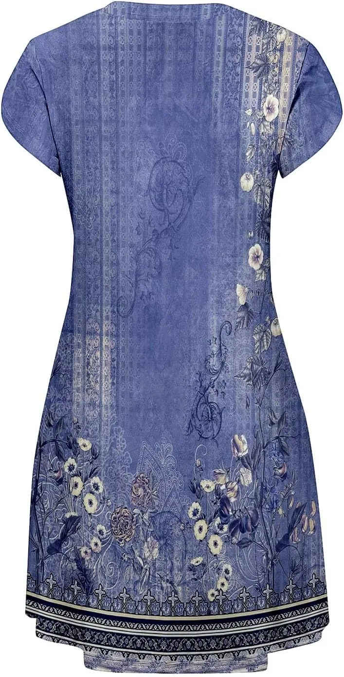 Women's Summer Casual V Neck Dress with Pocket Cute Short Sleeve Floral Graphic A-line Sundress Midi Dresses