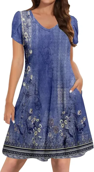 Women's Summer Casual V Neck Dress with Pocket Cute Short Sleeve Floral Graphic A-line Sundress Midi Dresses