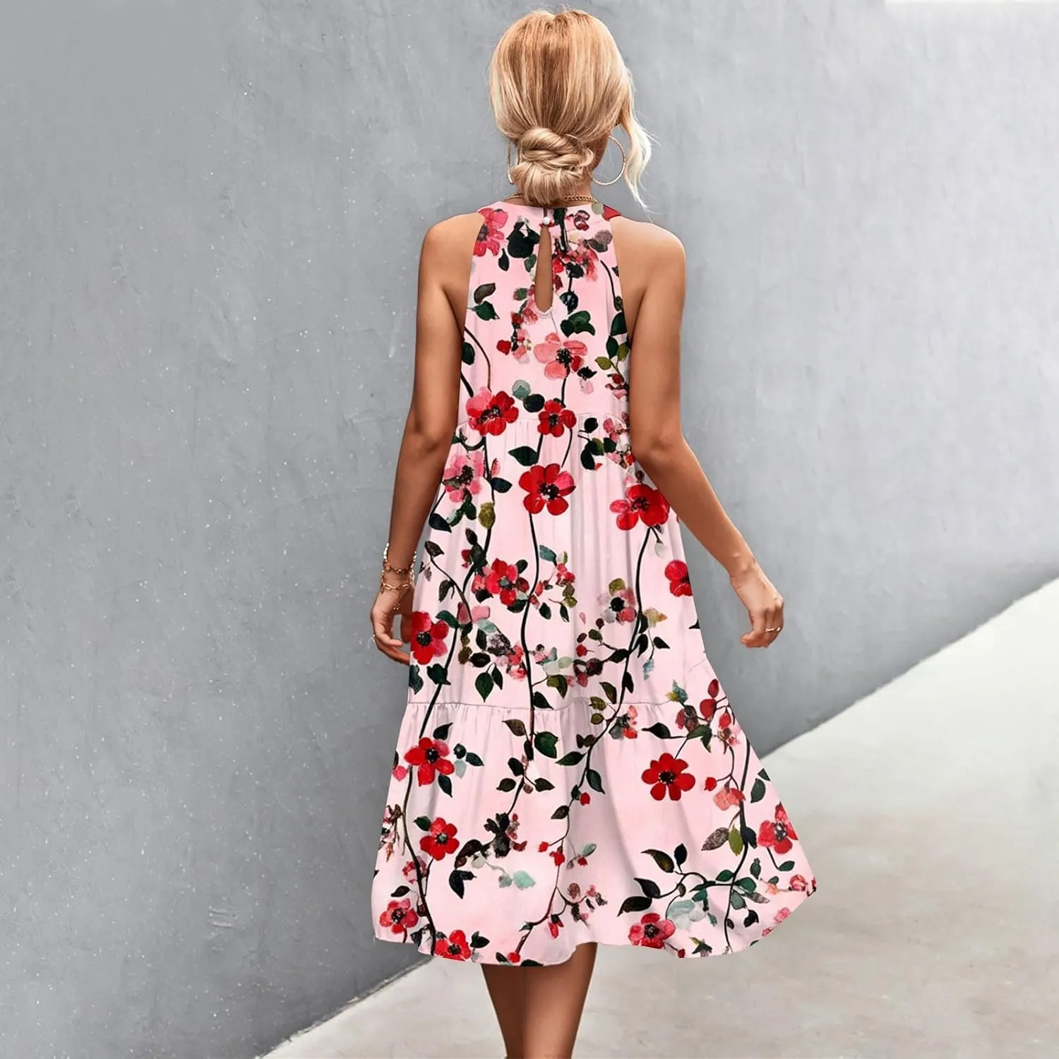 Womens Summer Dress 2025 Sleeveless Halter Neck Boho Floral Printed Sundress Beach Vacation Party Dresses