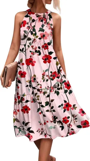 Womens Summer Dress 2025 Sleeveless Halter Neck Boho Floral Printed Sundress Beach Vacation Party Dresses