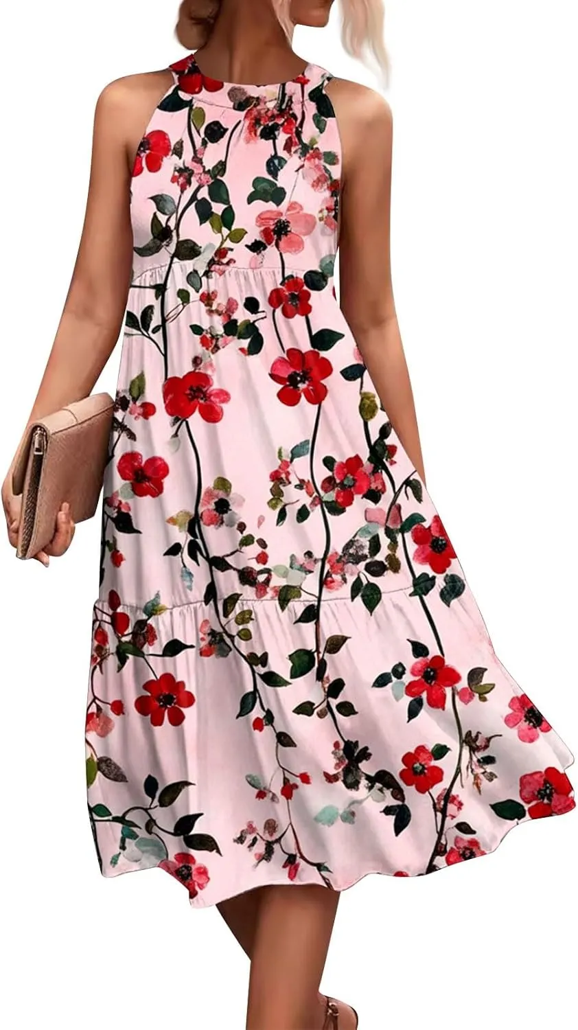 Womens Summer Dress 2025 Sleeveless Halter Neck Boho Floral Printed Sundress Beach Vacation Party Dresses