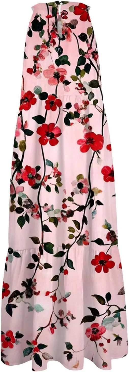 Womens Summer Dress 2025 Sleeveless Halter Neck Boho Floral Printed Sundress Beach Vacation Party Dresses