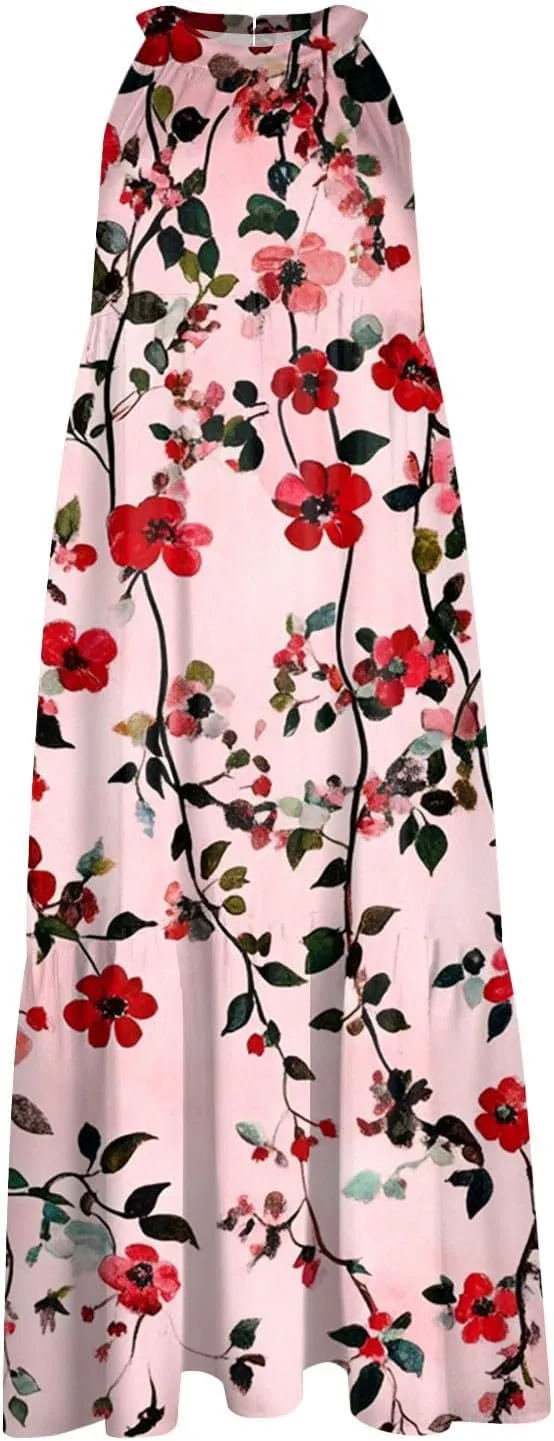 Womens Summer Dress 2025 Sleeveless Halter Neck Boho Floral Printed Sundress Beach Vacation Party Dresses