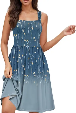 Women's Summer Dress Casual Square Neck Sleeveless A-line Swing Mini Dresses Floral Printed Beach Party Sundress