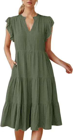 Womens Summer Dress Ruffle Sleeve V Neck Midi Dresses Casual Fit Flowy Tiered Boho Beach Vacation Sundress