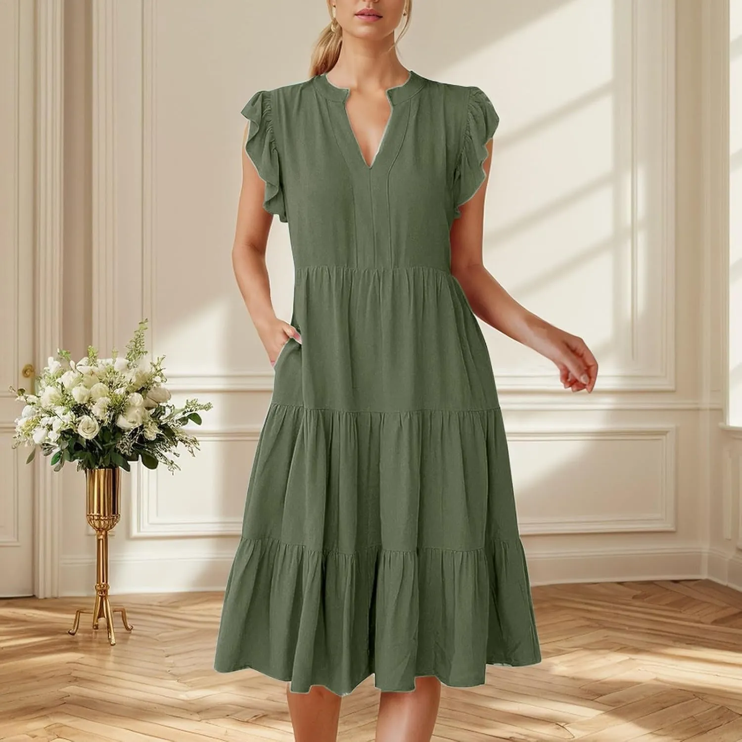 Womens Summer Dress Ruffle Sleeve V Neck Midi Dresses Casual Fit Flowy Tiered Boho Beach Vacation Sundress