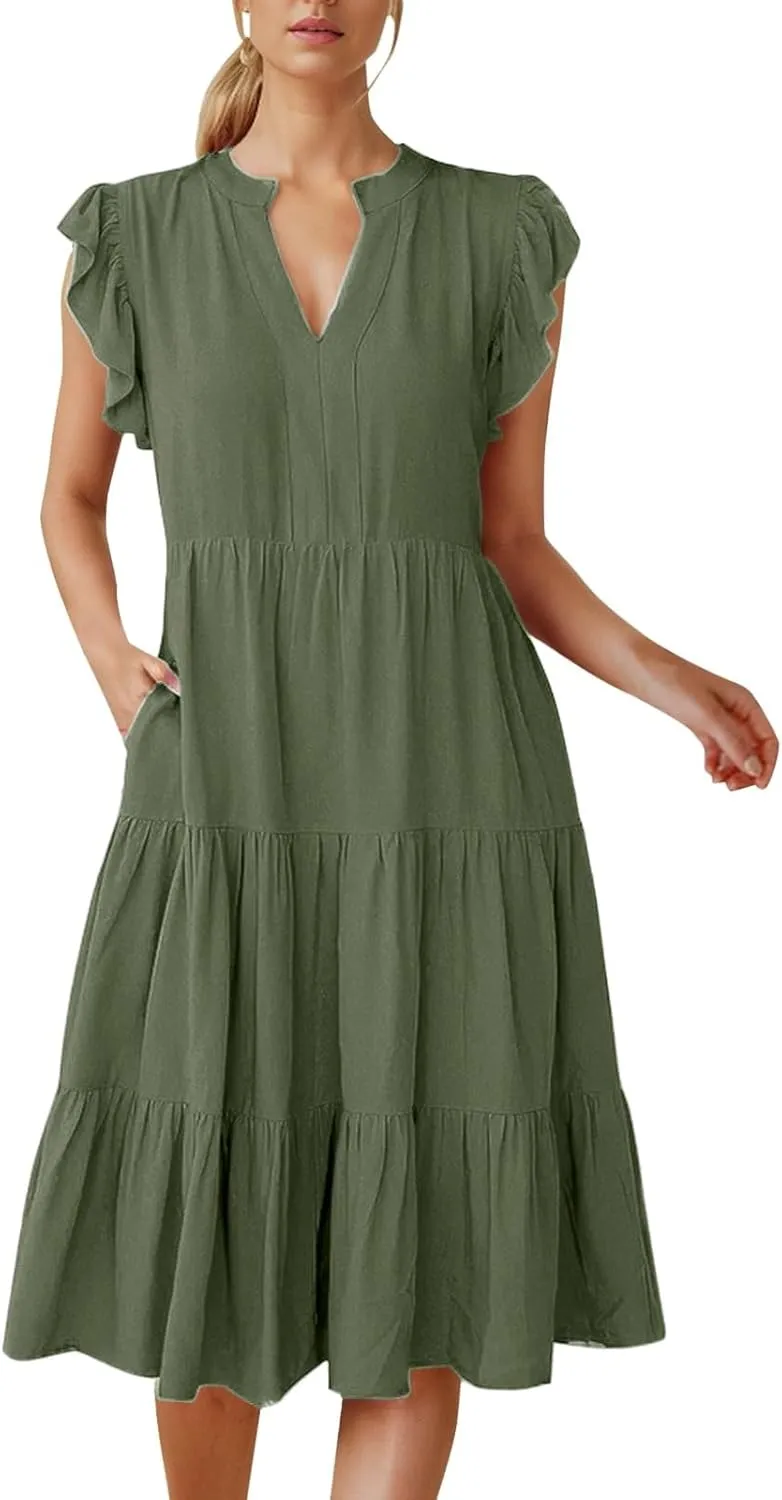 Womens Summer Dress Ruffle Sleeve V Neck Midi Dresses Casual Fit Flowy Tiered Boho Beach Vacation Sundress