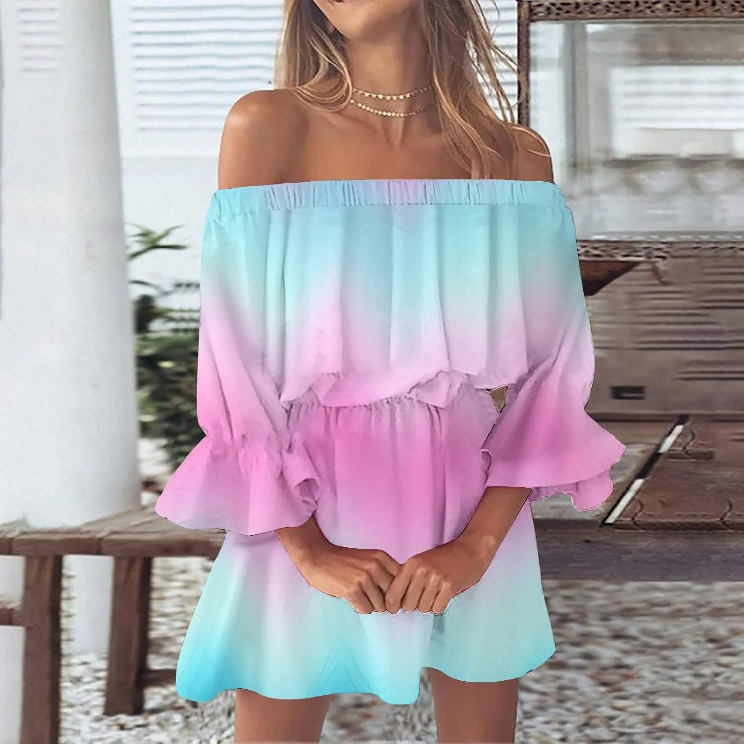 Womens Summer Dresses 2024 Off Shoulder Ruffle Long Sleeve Dress Boho Floral Mini Dress Strapless Short Dress