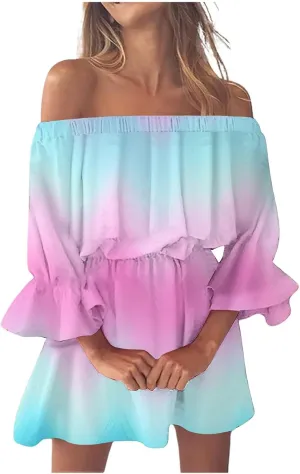 Womens Summer Dresses 2024 Off Shoulder Ruffle Long Sleeve Dress Boho Floral Mini Dress Strapless Short Dress
