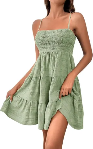 Womens Summer Dresses Casual Square Neck Sleeveless Spaghetti Strap Sundress Solid A Line Tiered Tank Beach Dress