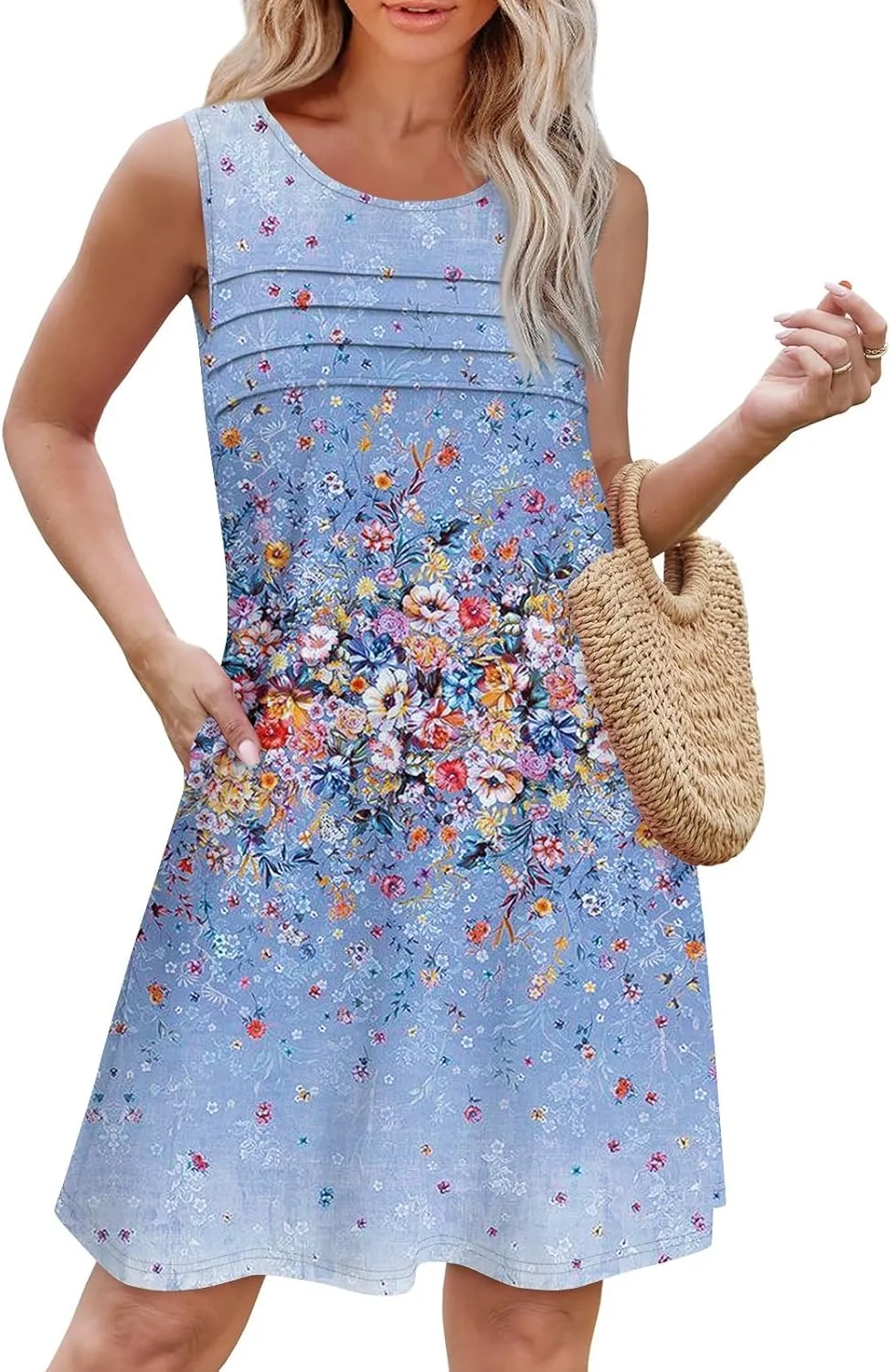 Womens Summer Dresses Pleated Crewneck A Line Sleeveless Mini Dress Floral Print Tank Sundress Boho Beach Cover Ups