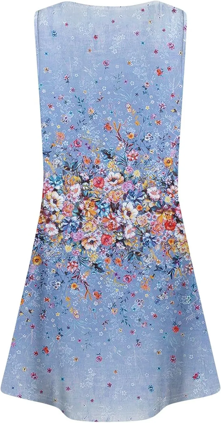 Womens Summer Dresses Pleated Crewneck A Line Sleeveless Mini Dress Floral Print Tank Sundress Boho Beach Cover Ups