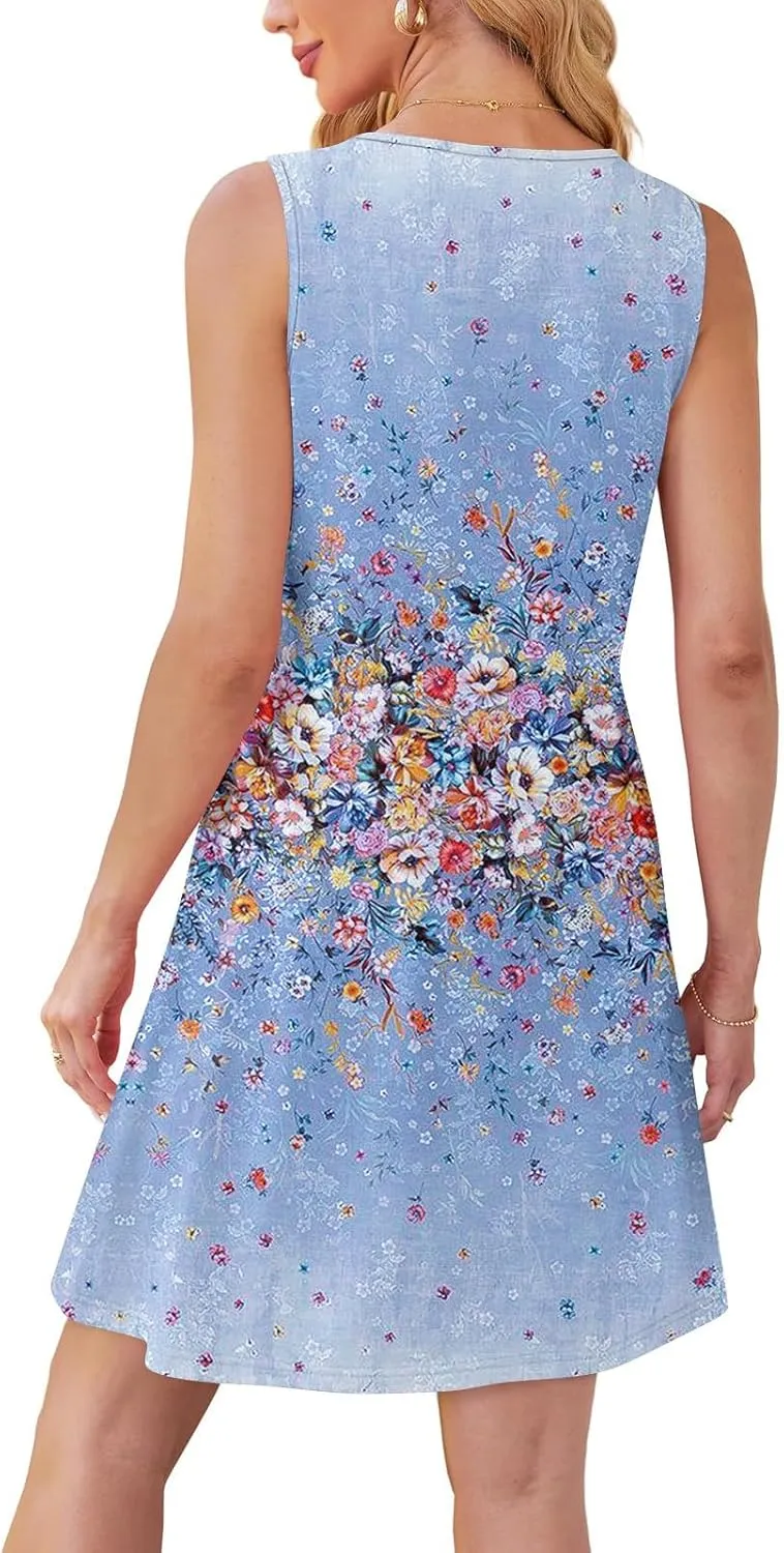 Womens Summer Dresses Pleated Crewneck A Line Sleeveless Mini Dress Floral Print Tank Sundress Boho Beach Cover Ups
