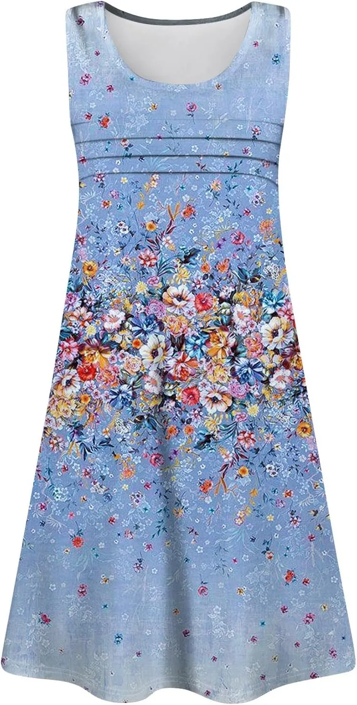 Womens Summer Dresses Pleated Crewneck A Line Sleeveless Mini Dress Floral Print Tank Sundress Boho Beach Cover Ups