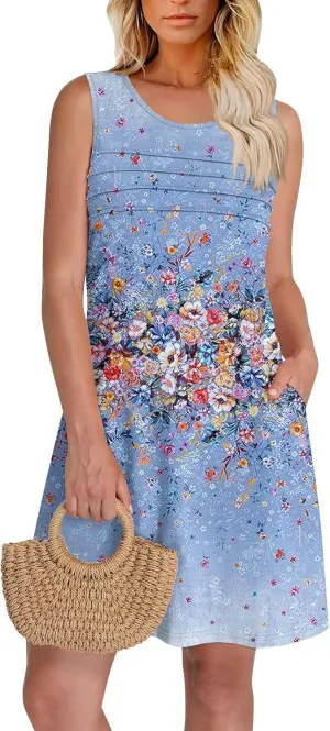 Womens Summer Dresses Pleated Crewneck A Line Sleeveless Mini Dress Floral Print Tank Sundress Boho Beach Cover Ups