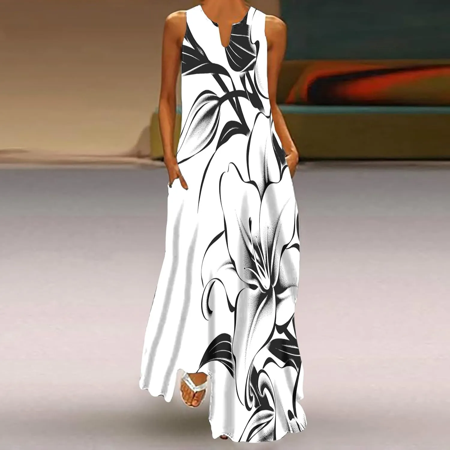 Womens Summer Maxi Dress 2024 Casual V Neck Floral Sleeveless Sun Dress Trendy Beach Vacation Long Flowy Dresses with Pocket