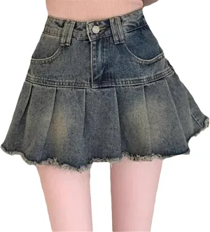 Women's Summer Pleated Mini Dress Vintage Solid Fringe Slimming High Waisted Denim Skirt