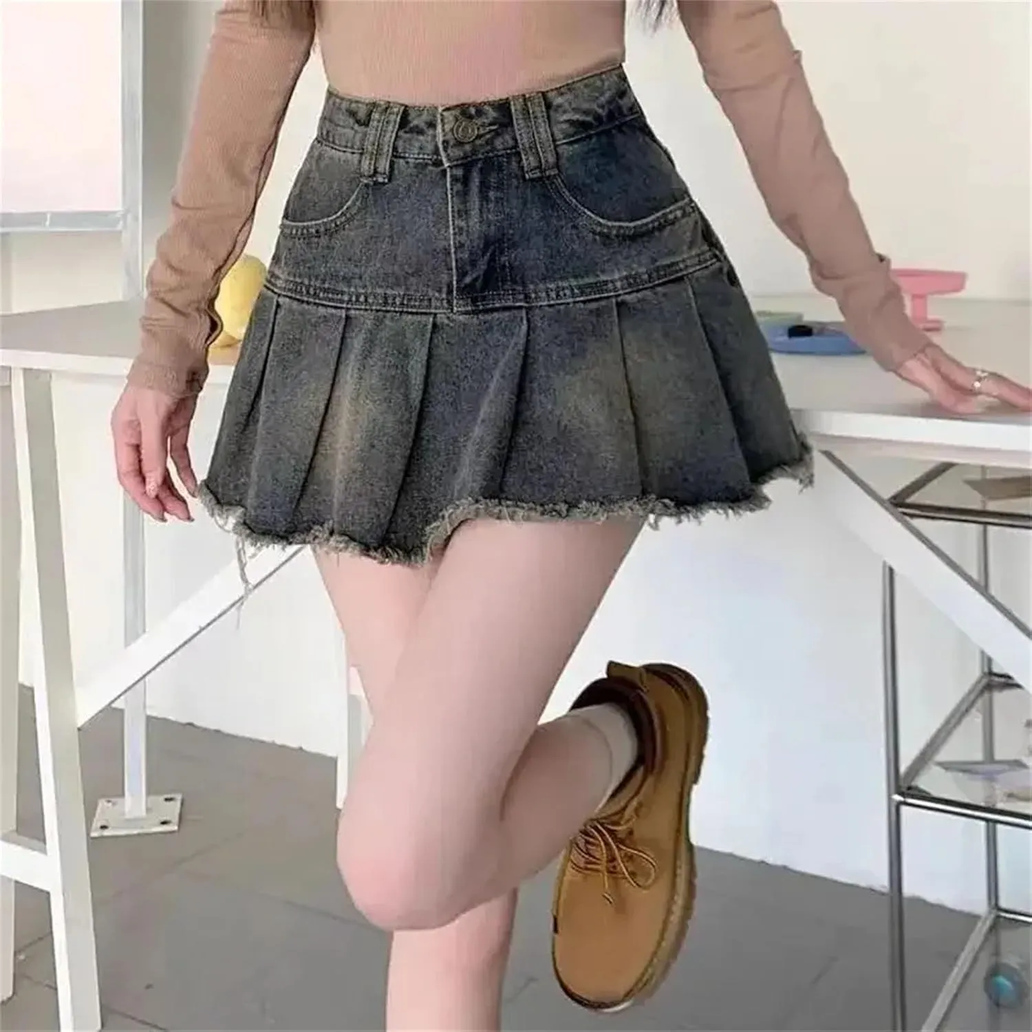 Women's Summer Pleated Mini Dress Vintage Solid Fringe Slimming High Waisted Denim Skirt