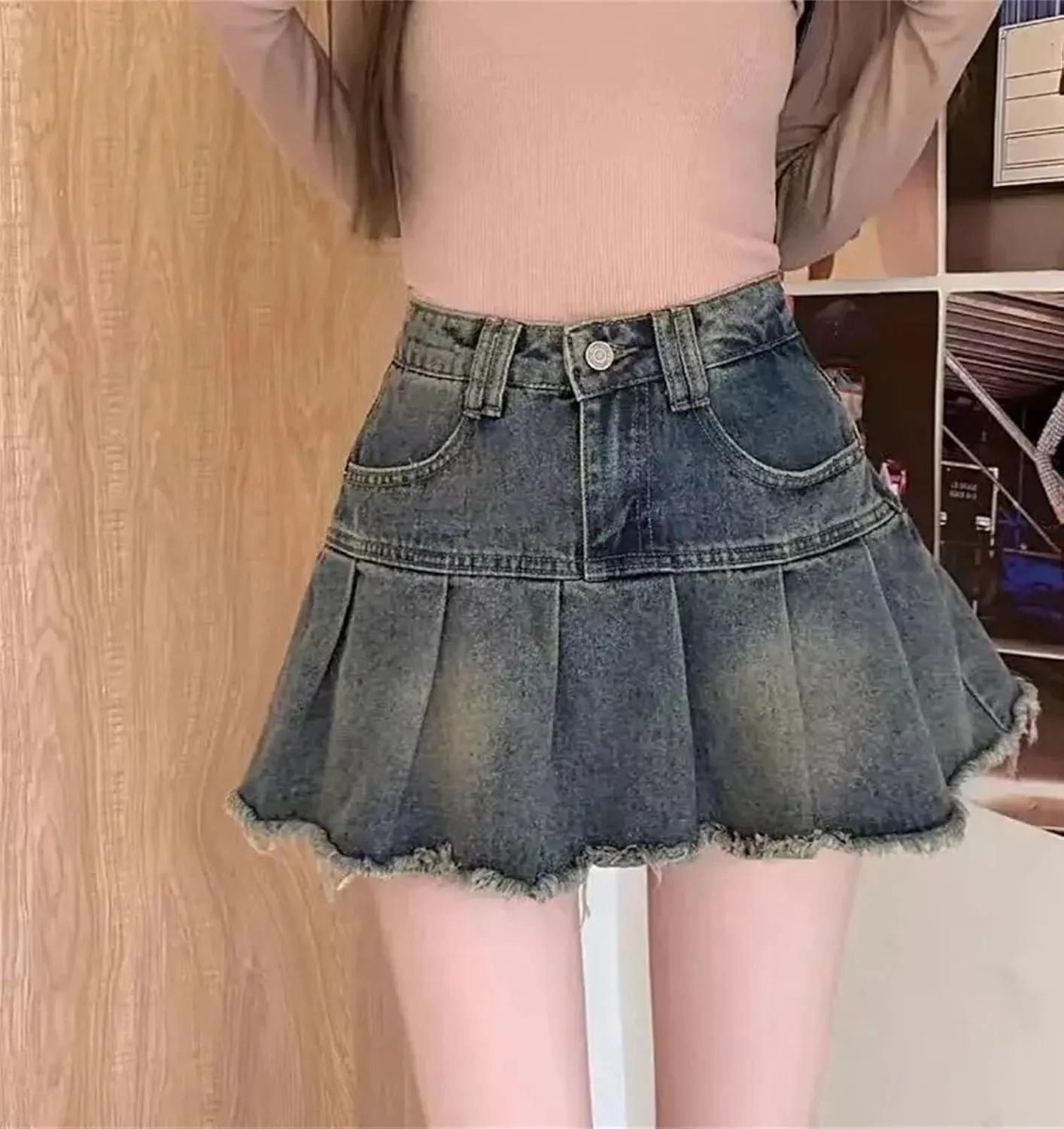 Women's Summer Pleated Mini Dress Vintage Solid Fringe Slimming High Waisted Denim Skirt