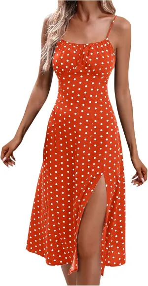 Women's Summer Split Thigh Spaghetti Strap Cami Midi Floral Dress Sleeveless Polka Dot Beach Slim Fit Sundresses