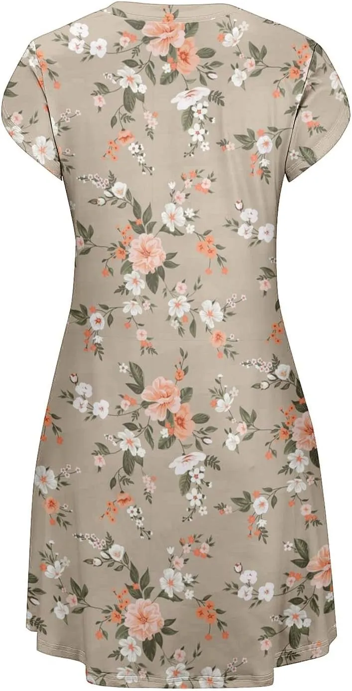 Women's Summer Spring Casual Beach Sundress 2025 Vacation Short Sleeve V Neck Floral Dress Loose Mini Dresses