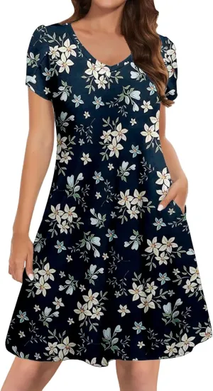 Women's Summer Spring Casual Beach Sundress 2025 Vacation Short Sleeve V Neck Floral Dress Loose Mini Dresses