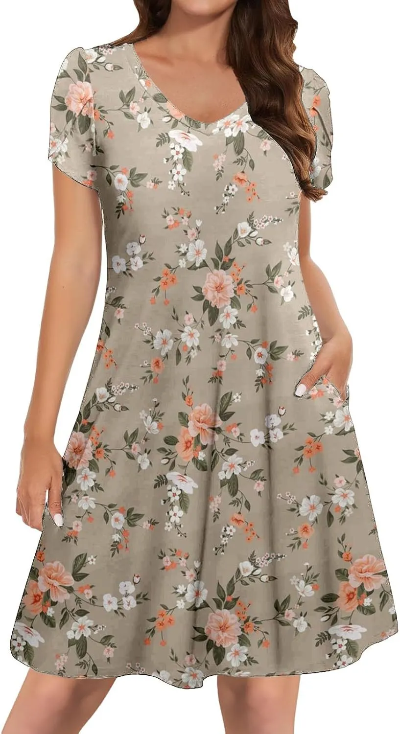 Women's Summer Spring Casual Beach Sundress 2025 Vacation Short Sleeve V Neck Floral Dress Loose Mini Dresses