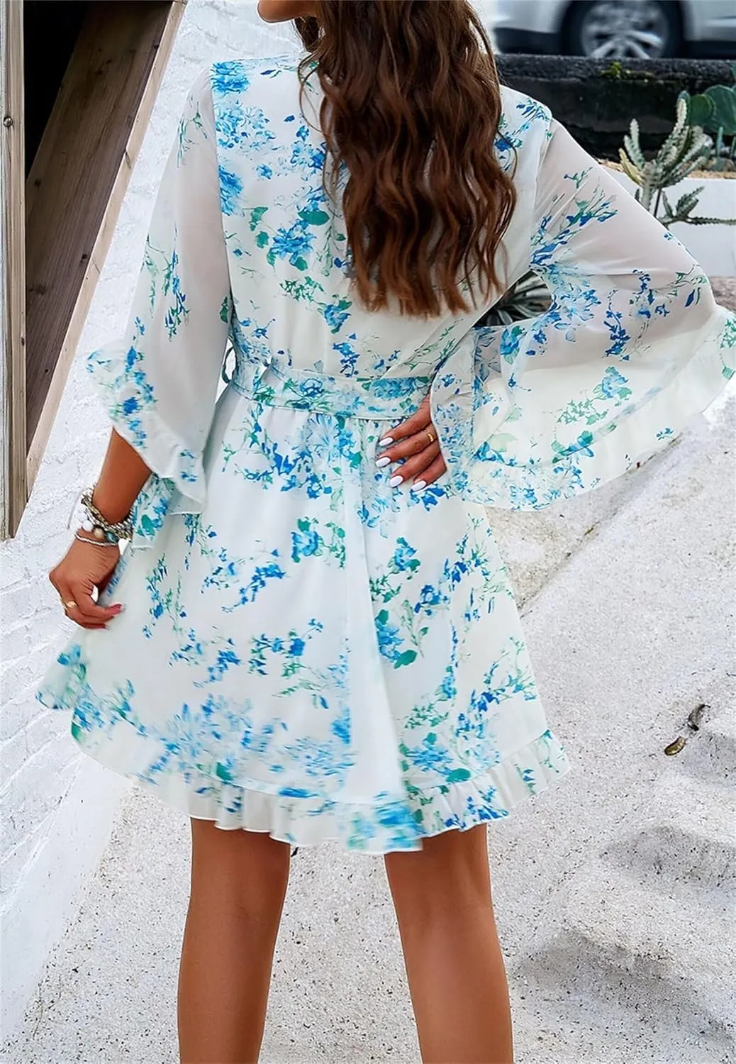 Womens Trendy Summer Dresses Cute Floral Dresses Short Sleeve Mini Dress Ruffle Vacation Dresses Cocktail Party Dress