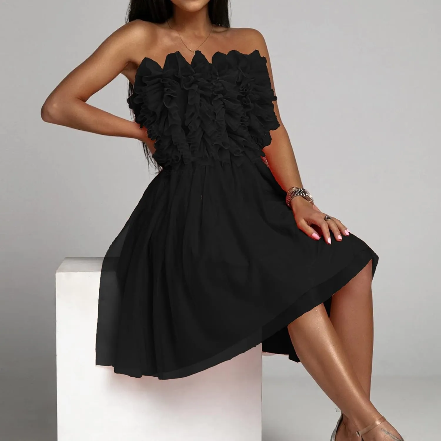 Women's Tulle Tutu Ruffles Prom Dress Formal Short Mini Homecoming Dress Off Shoulder Strapless Cocktail Party Gown