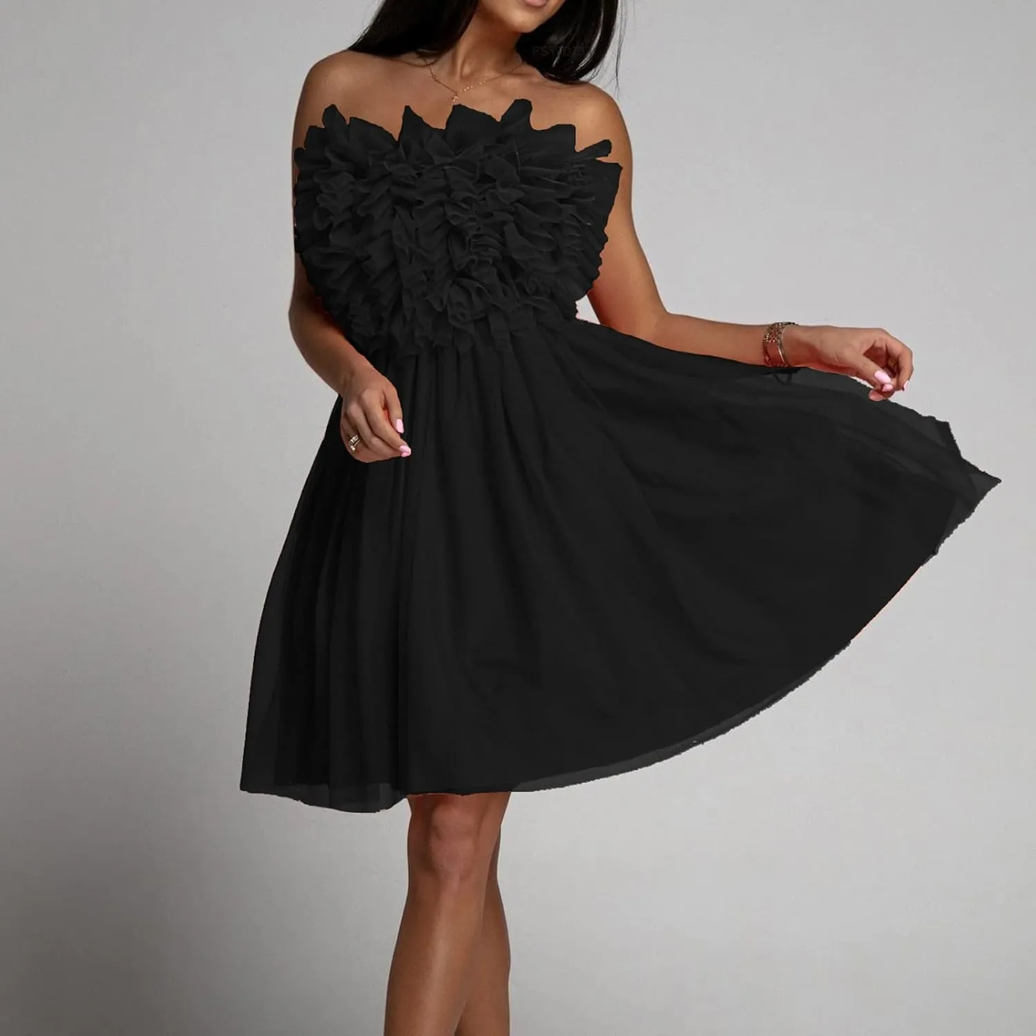 Women's Tulle Tutu Ruffles Prom Dress Formal Short Mini Homecoming Dress Off Shoulder Strapless Cocktail Party Gown