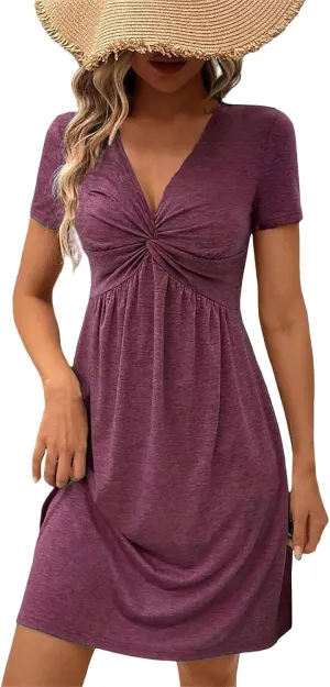 Womens Twist Front V Neck Summer Sleeveless A Line Dress Casual Beach Party Tunic Slim Fit Sexy Bodycon Mini Sundress