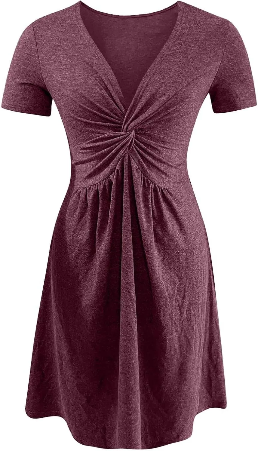 Womens Twist Front V Neck Summer Sleeveless A Line Dress Casual Beach Party Tunic Slim Fit Sexy Bodycon Mini Sundress