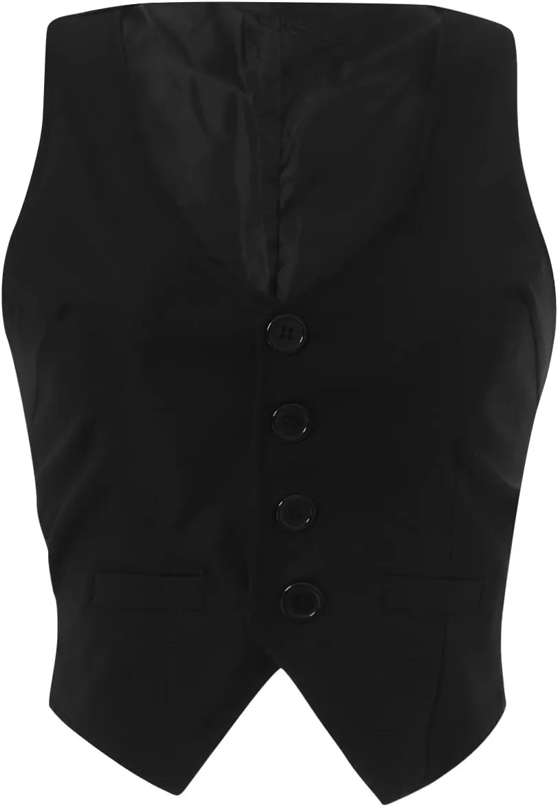 Women's V Neck Button Down Crop Vest Top Business Sleeveless Waistcoat Vintage Grunge Suit Vest Y2K Streetwear