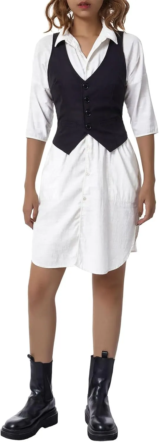 Women's V Neck Button Down Crop Vest Top Business Sleeveless Waistcoat Vintage Grunge Suit Vest Y2K Streetwear
