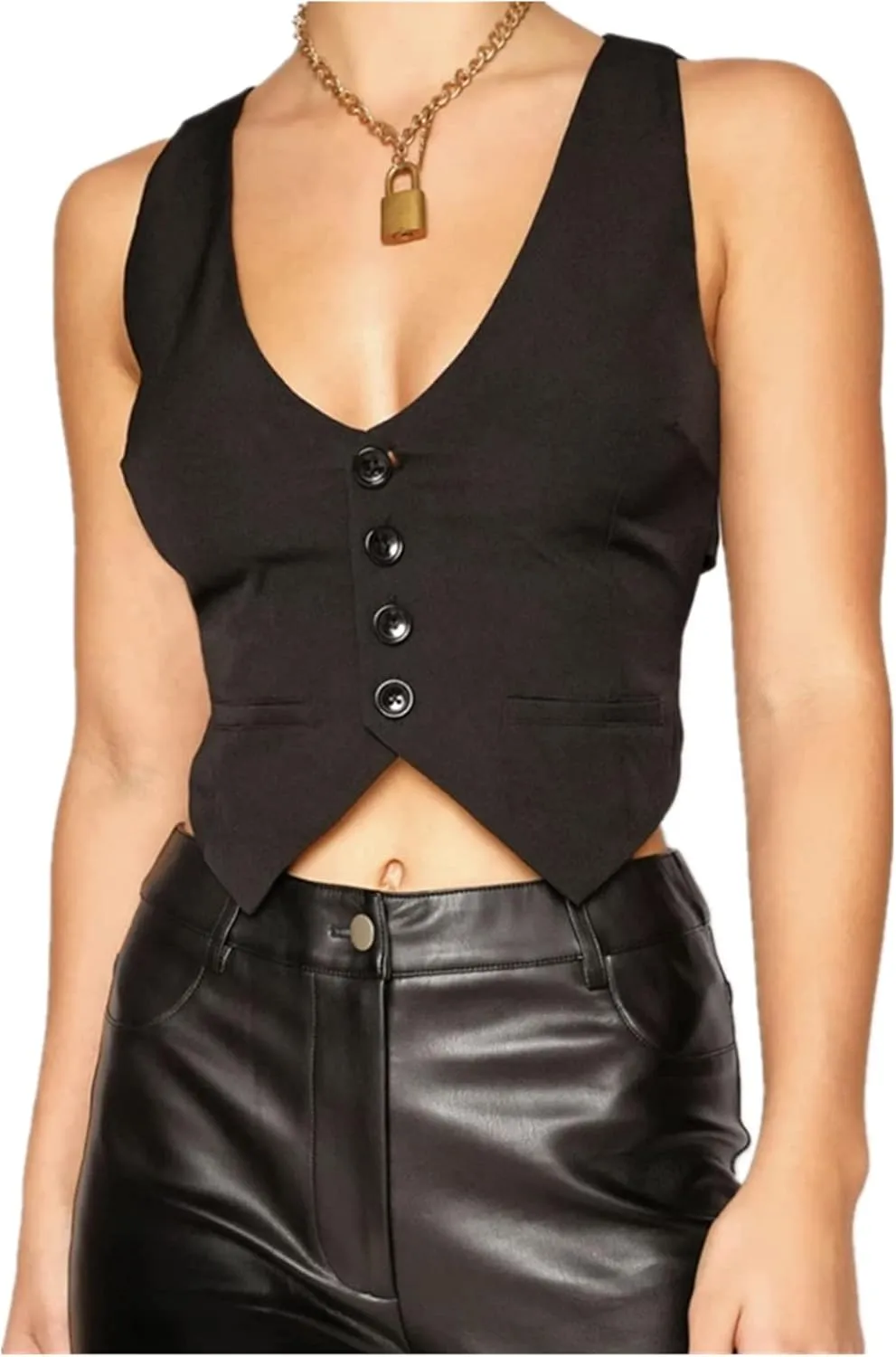 Women's V Neck Button Down Crop Vest Top Business Sleeveless Waistcoat Vintage Grunge Suit Vest Y2K Streetwear