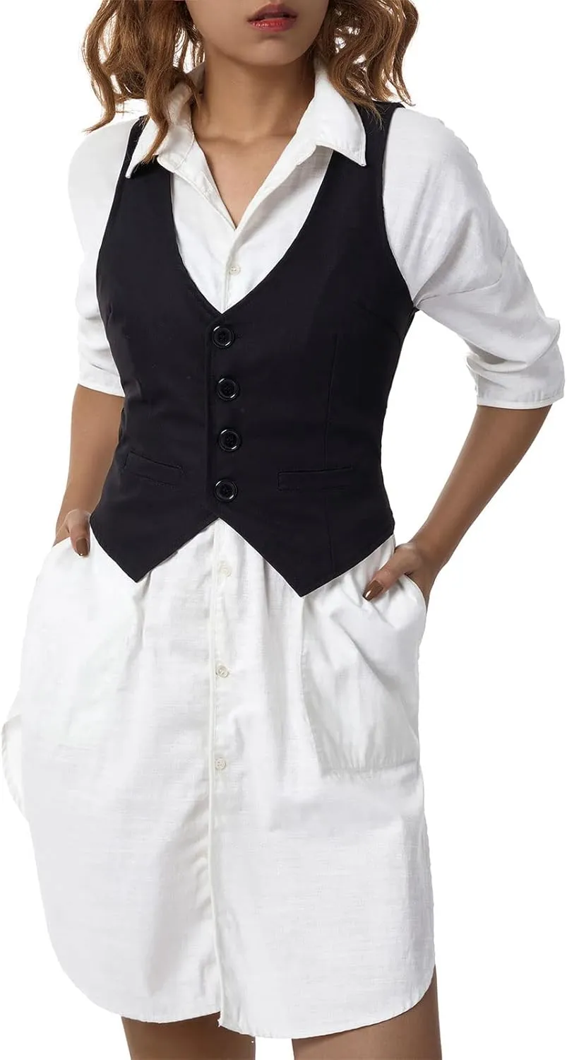 Women's V Neck Button Down Crop Vest Top Business Sleeveless Waistcoat Vintage Grunge Suit Vest Y2K Streetwear