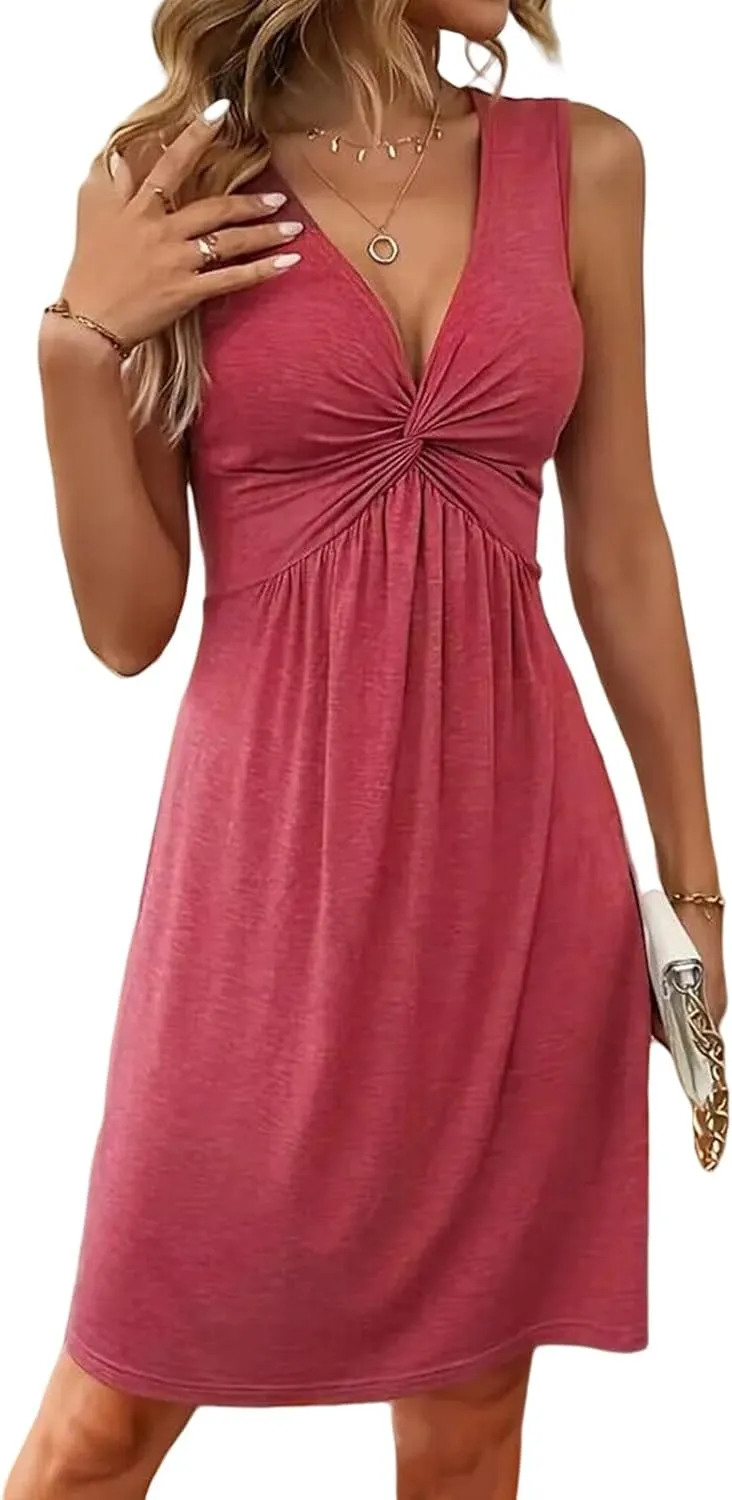 Womens V Neck Sleeveless Tank Dresses Front Knotted Sundress Casual A Line Beach Party Mini Dress Beach Boho Dresses