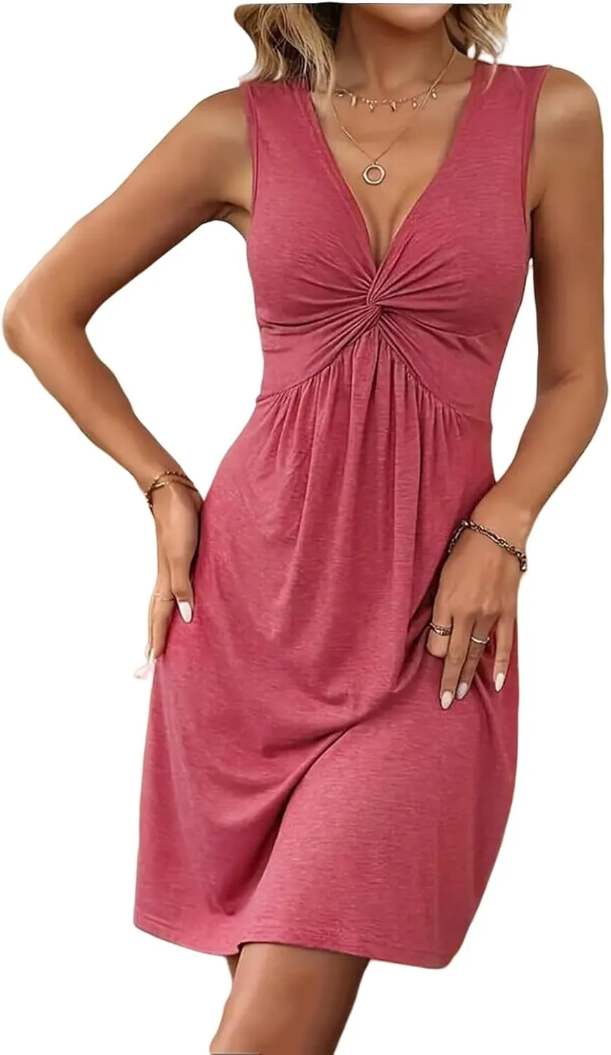 Womens V Neck Sleeveless Tank Dresses Front Knotted Sundress Casual A Line Beach Party Mini Dress Beach Boho Dresses