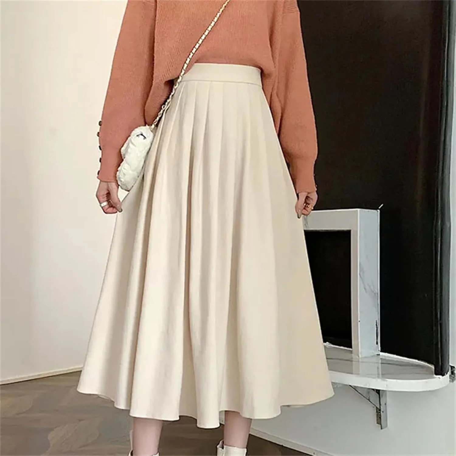 Women's Vintage High Waist Pleated A-Line Skirt - Maxi Length Retro College Elastic Waist for Campus Casual Wear