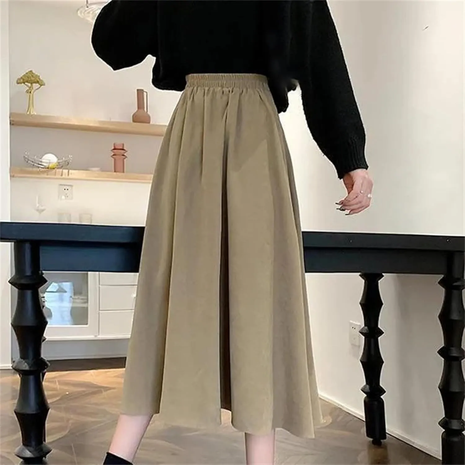 Women's Vintage High Waist Pleated A-Line Skirt - Maxi Length Retro College Elastic Waist for Campus Casual Wear