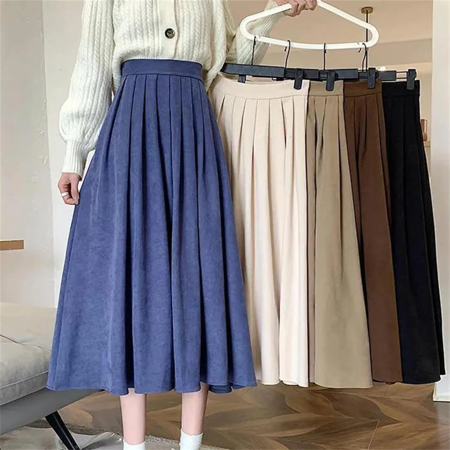 Women's Vintage High Waist Pleated A-Line Skirt - Maxi Length Retro College Elastic Waist for Campus Casual Wear