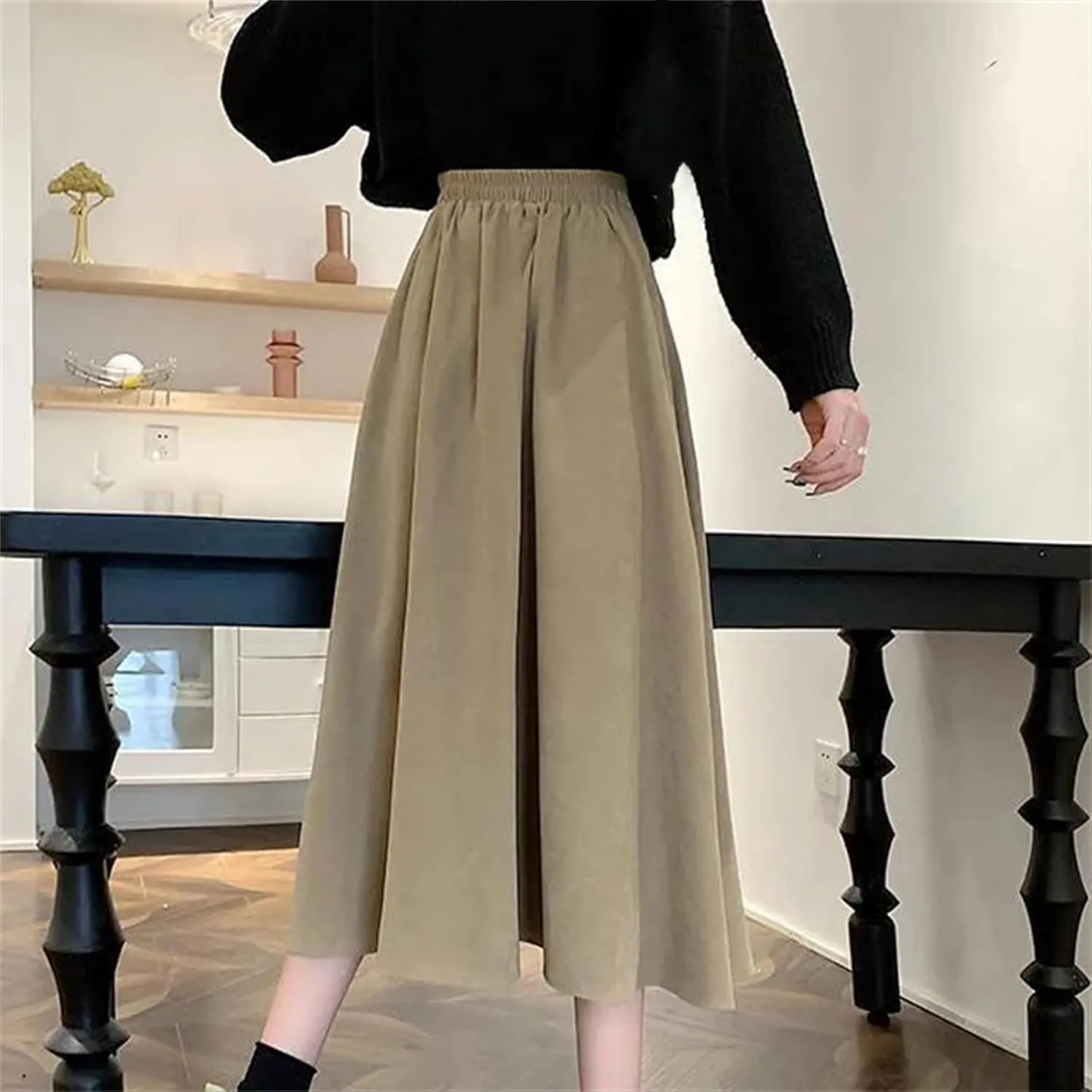 Women's Vintage High Waist Pleated A-Line Skirt - Maxi Length Retro College Elastic Waist for Campus Casual Wear