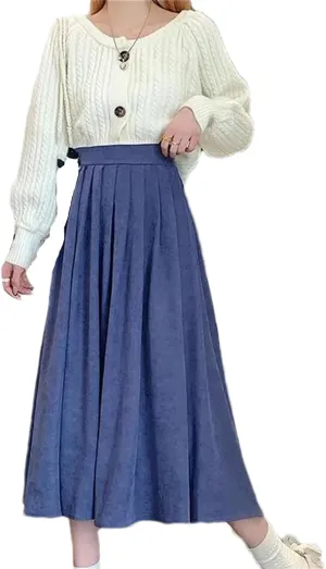 Women's Vintage High Waist Pleated A-Line Skirt - Maxi Length Retro College Elastic Waist for Campus Casual Wear
