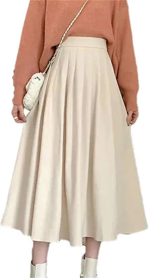 Women's Vintage High Waist Pleated A-Line Skirt - Maxi Length Retro College Elastic Waist for Campus Casual Wear