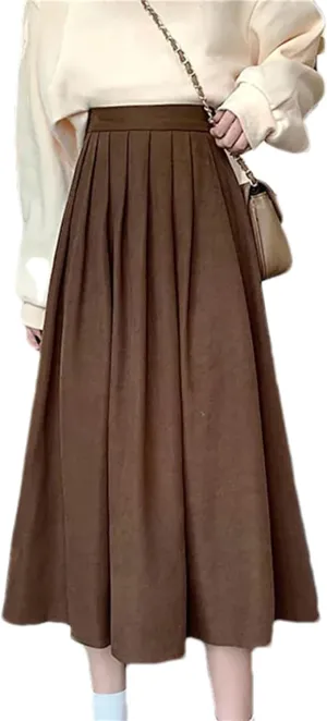 Women's Vintage High Waist Pleated A-Line Skirt - Maxi Length Retro College Elastic Waist for Campus Casual Wear
